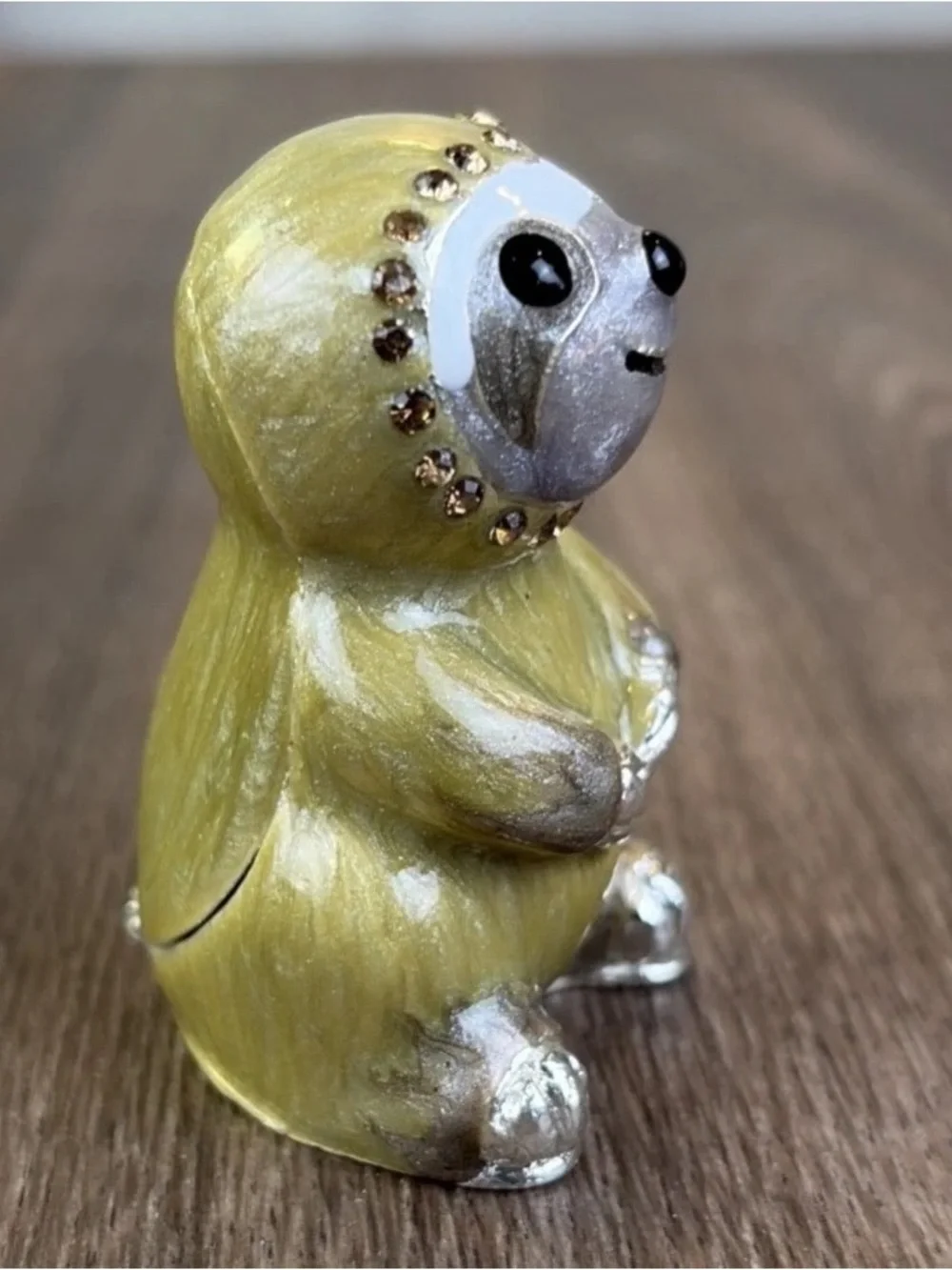 Enamel & Rhinestone Hinged SLOTH Jewelry Pill Trinket Box Metal Magnetic